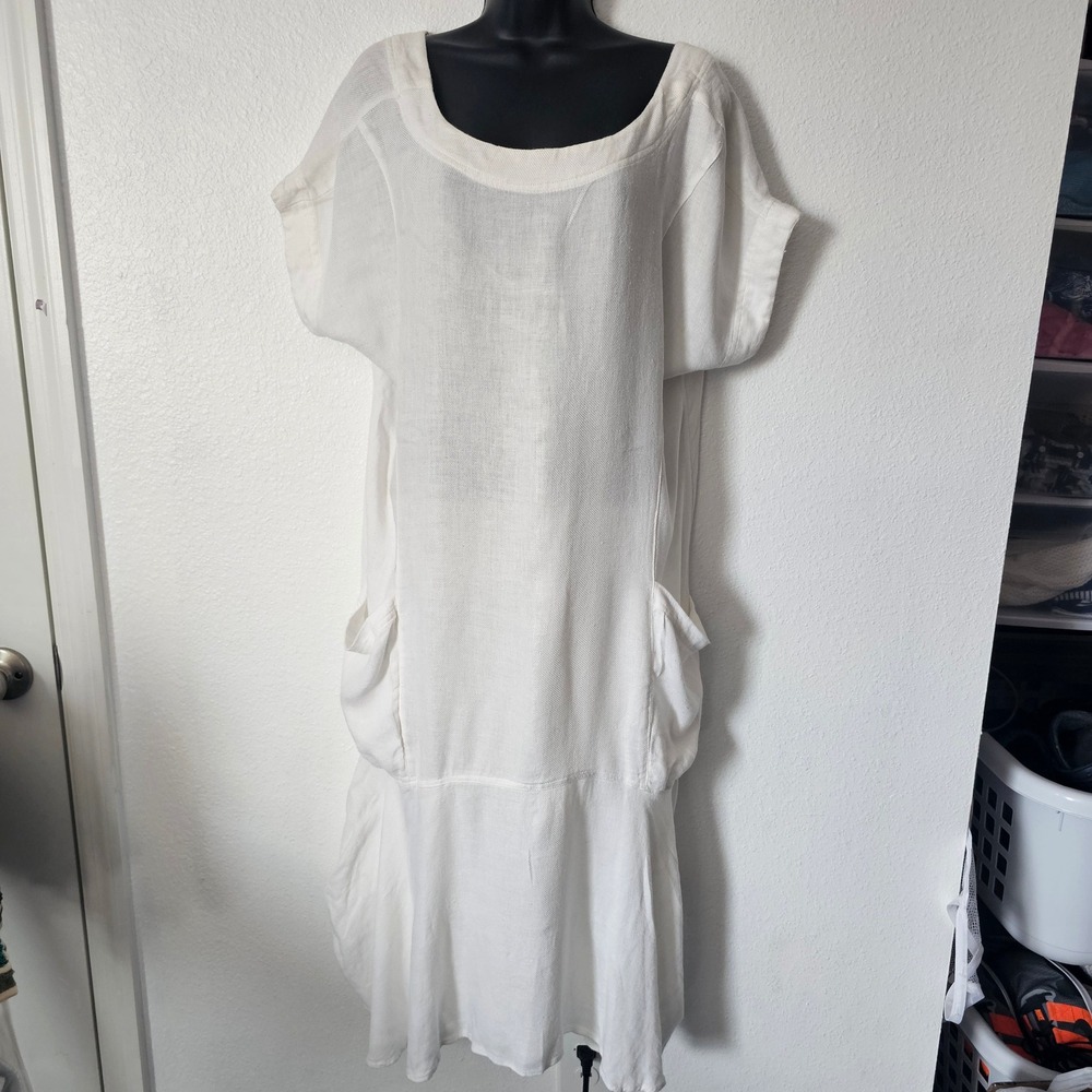 Free People White Linen Blend Pocket Midi Dress Oversized Lagenlook XS